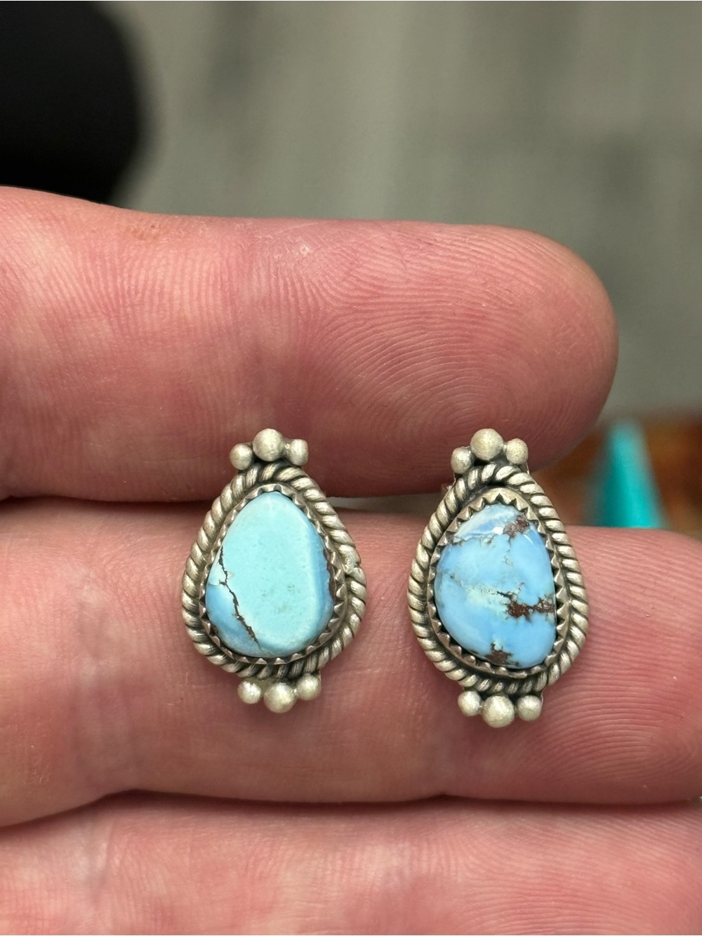 STERLING SILVER GOLDEN HILLS TURQUOISE TWIST BALL BEADED STUD EARRINGS .925 - Picture 2 of 13